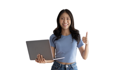 Asian woman in casual clothes holding working laptop in freelance work concept with single laptop can earn money, Invitation to apply or register to receive special privileges and prizes.