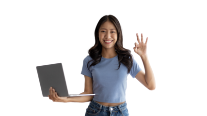 Asian woman in casual clothes holding working laptop in freelance work concept with single laptop can earn money, Invitation to apply or register to receive special privileges and prizes.