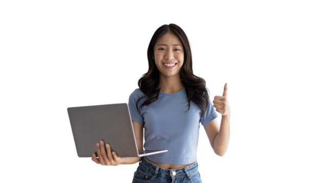 Asian woman in casual clothes holding working laptop in freelance work concept with single laptop can earn money, Invitation to apply or register to receive special privileges and prizes.