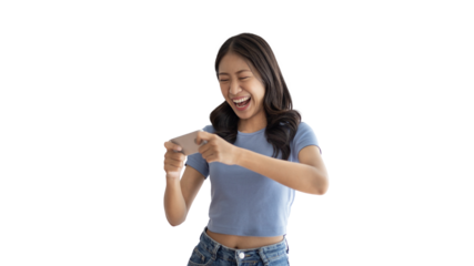 Asian woman playing games on mobile phone and wearing headphones having fun, Play games on the sofa in the living room on weekends, Resting at home, Comfort zone, Touch screen mobile phone.