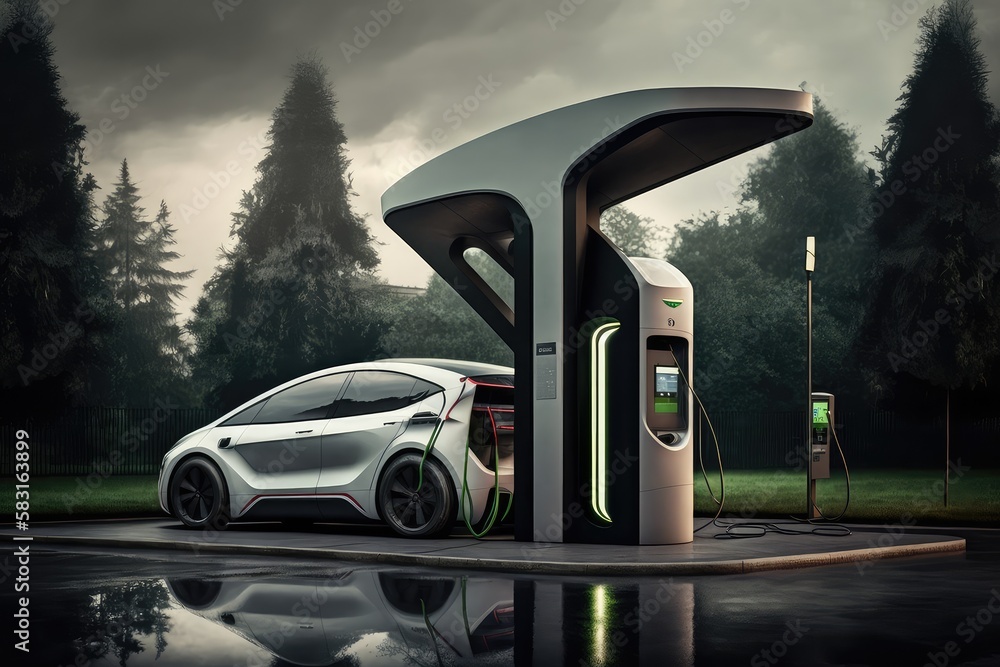 Sticker electric car charging station, with sleek and futuristic design, in modern setting, created with generative ai