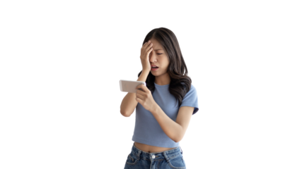Young woman looking frustrated or depressed after losing playing games on mobile phone, Playing Games On Smartphone, Make an angry face and frown, Upset, Lost bet.