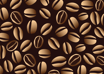 Coffee grains on a dark brown background, coffee pattern, banner design, packaging, fabric. Vector elements.