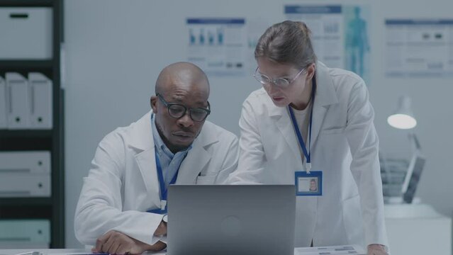 African American general practitioner and female Caucasian doctor looking at laptop screen, having conversation, working together in the clinic. Medium shot
