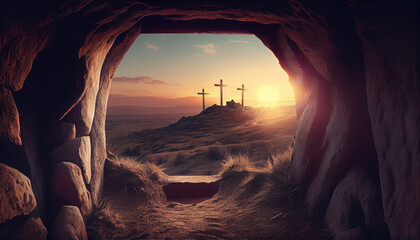 Empty tomb of Jesus Christ. Crucifixions in the rays of the sun. Generative AI