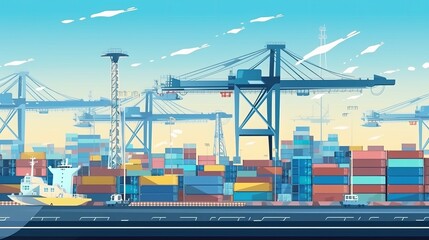 Fototapeta premium Modern System transportation and logistic import export and transport industry of truck container cargo ship and cargo plane with working crane bridge in shipyard at sunset sky. Generative AI