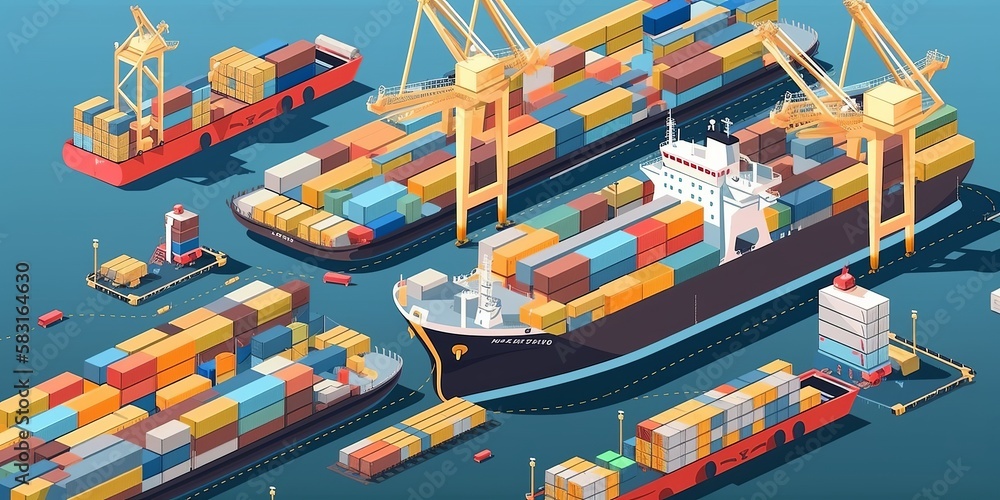 Wall mural Cargo Ship with Containers Isolated in Front, Container ship loading and unloading, Cargo container in deep seaport for the international order concept. Generative AI technology - Wall murals