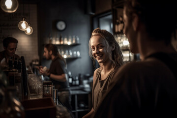 Mulher no bar se divertindo e sorrindo, noite, IA Generativa