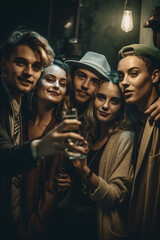 Fototapeta premium Amigos se divertindo na noite happy hour balada barzinho bar ceveja vinho lazer IA Generativa