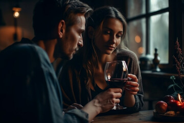 Casal em jantar romântico bebendo vinho e jantando jantar juntos, casados, namorados, difelidade, cumplicidade, IA Generativa - obrazy, fototapety, plakaty