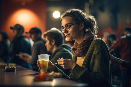 Mulher no bar bebendo cerveja e sorrindo se divertindo, noite, IA Generativa