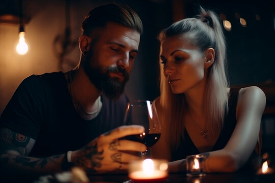 Casal em jantar romântico bebendo vinho e jantando jantar juntos, casados, namorados, difelidade, cumplicidade, IA Generativa