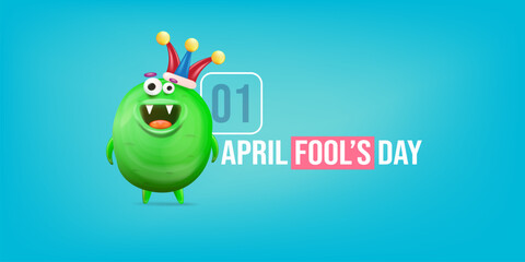 April Fools day funky horizontal banner with silly green clown monster character isolated on blue background. 1 st april fool day banner, poster, label, flyer and greeting card. Fool day print