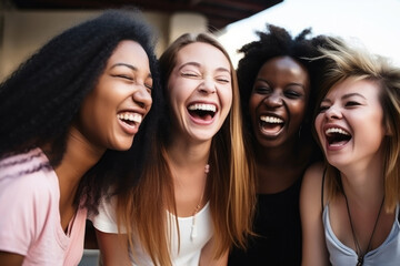 Fototapeta premium A diverse group of female women friends all laughing and having fun together. Generative ai