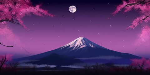 Fototapeta na wymiar Mount Fuji and cherry blossoms which are viewed from Japan landscape purple and pink sky, some stars and the full moon, tres blossom. Generative AI technology