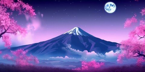 Mount Fuji and cherry blossoms which are viewed from Japan landscape purple and pink sky, some stars and the full moon, tres blossom. Generative AI technology