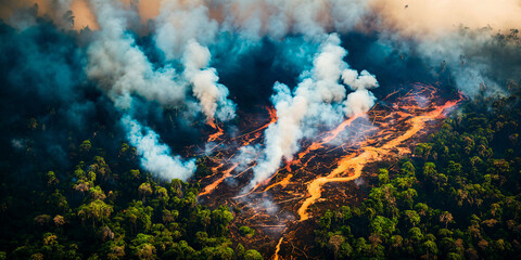 Rainforest deforestation problem. Aerial view of fire clearing. Illegal logging for palm oil. Burning rainforest. Generative AI illustration.