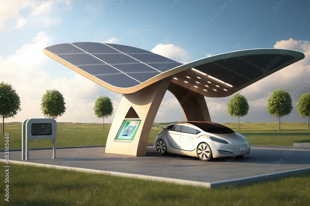 Sticker electric car charging station with solar panels on the roof, created with generative ai