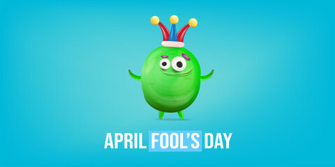 April Fools day funky horizontal banner with silly green clown monster character isolated on blue background. 1 st april fool day banner, poster, label, flyer and greeting card. Fool day print