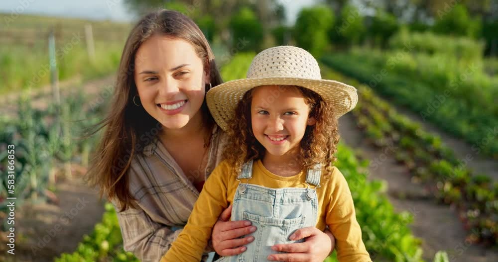 Poster Agriculture, farming and farmer, woman and girl happy, fresh vegetable and organic growth. Mother and daughter in portrait, green sustainability and environment, nature and nutrition with harvest.