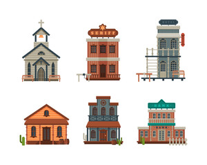 Fototapeta premium Western Style Building and Wild West Architectural Construction Vector Set