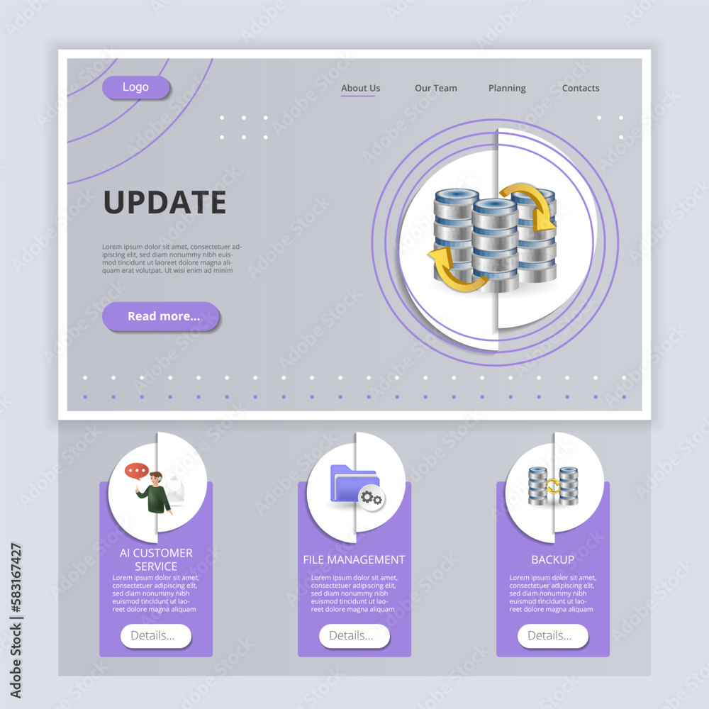 Poster update flat landing page website template. ai customer service, file management, backup. web banner 