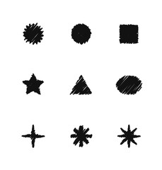 Pencil abstract drawn geometric brutalism shapes. Round, star, spark, sqaure, round, circle, triangle black, dark forms. Pen or marker handdrawn 00s, 90s futuristic stickers, icons (VECTOR)