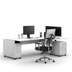 Illustration of office cubicle and workstation isolated on white background. Each unit is supplied with chairs, drawers and some other office accessories. - obrazy, fototapety, plakaty