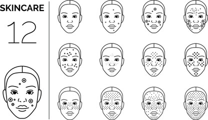 Skincare on woman's face. Set of line art vector icons