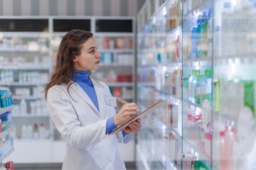 Young pharmacist checking medicine stock in pharmacy.