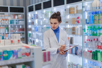 Young pharmacist checking medicine stock in pharmacy.