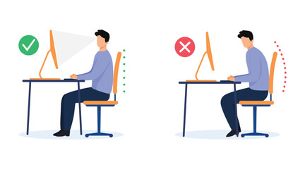 Ergonomics - Man silhouette of correct and incorrect sitting posture when using a computer. Medical infographics with spine sitting correctly on a chair. Vector illustration. - obrazy, fototapety, plakaty