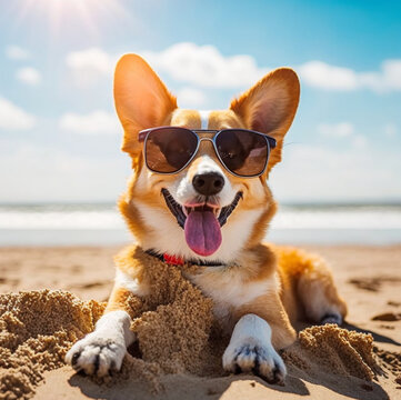 Perro feliz en la playa con sus gafas de sol