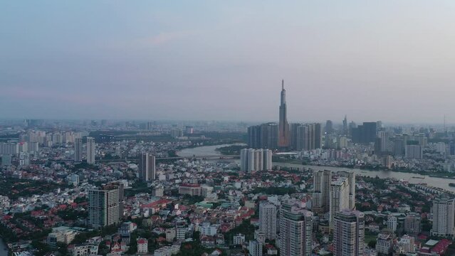 Ho Chi Minh City, Vietnam Feb 2020 4k Aerial video of Ho Chi Minh City skyline during late afternoon