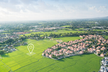 Land plot in aerial view. Identify registration symbol of vacant area for map. Real estate or...