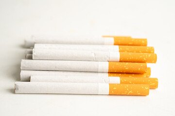 Cigarette, tobacco in roll paper with filter tube, No smoking concept.