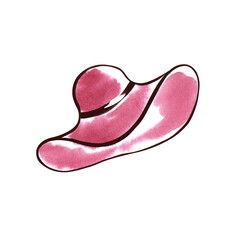 Fashionable women's pink hat, sun protection, holiday accessories and clothing style element.Hand drawn with watercolor.