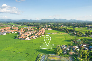 Land plot in aerial view. Identify registration symbol of vacant area for map. Real estate or...