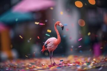 Flamingo, whimsical and playful, in carnival style with confetti, created with generative AI tools.