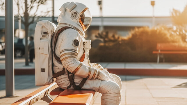 full length side view astronaut sit waiting at bus stand during sunset 