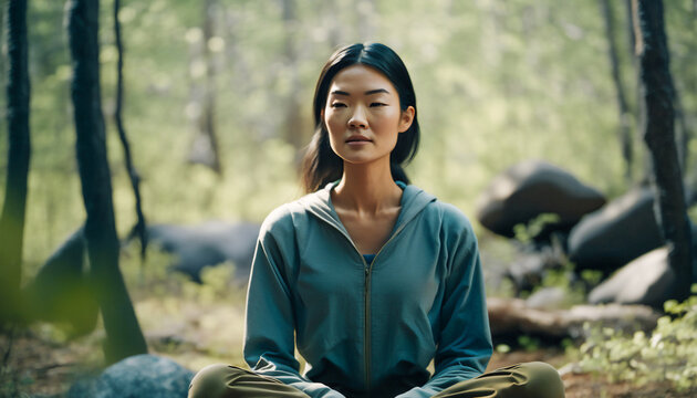 Woman meditating outdoors, Generative AI
