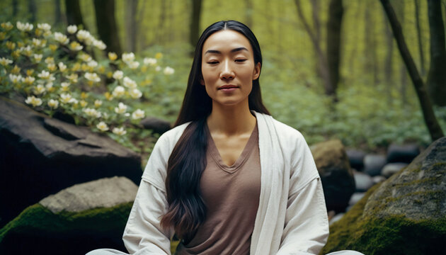 Woman meditating outdoors, Generative AI