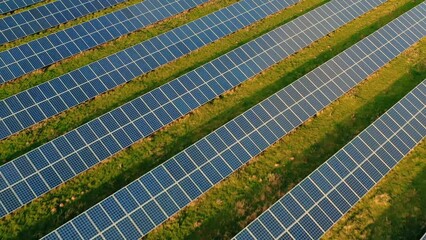 Solar panel rows aerial view. Photovoltaic panels farm from the sky, diagonal rows for renewable solar energy. Reducing carbon footprint concept, clean green energy for the future. Drone view