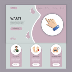 Warts flat landing page website template. Tularemia, tungiasis, yeast infection. Web banner with header, content and footer. Vector illustration.