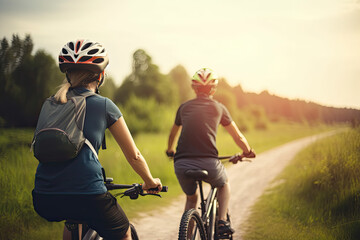 Fototapeta premium Couple of young man and woman cycling together along the road at sunset time, Generative Ai