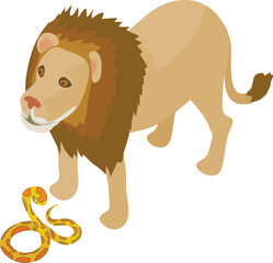 Different animal icon isometric vector. Tiger python near big adult lion icon. Biological diversity concept