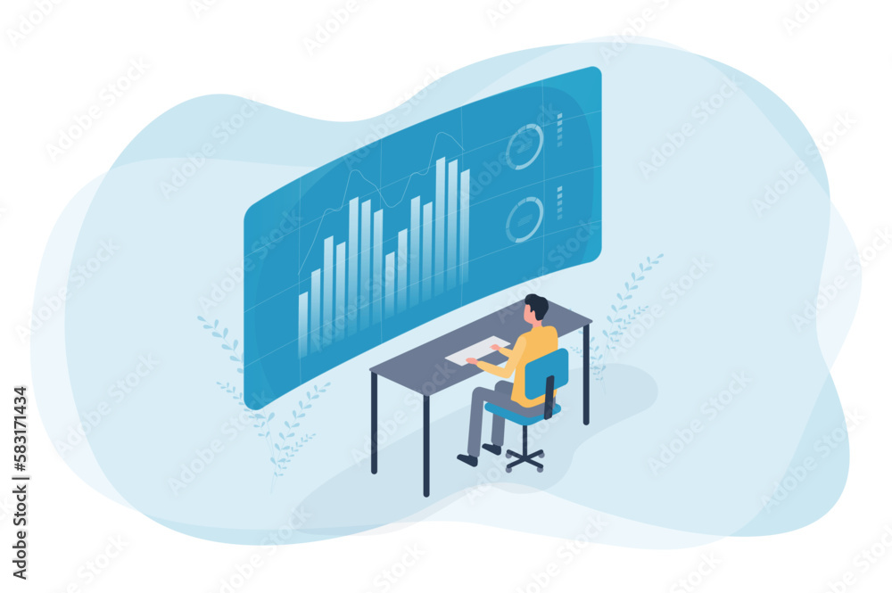 Poster flat vector business people working for data analytics and monitoring on web report dashboard monitor and business finance investment concept