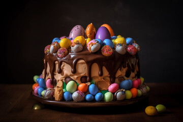 Close up photo of a perfectly designed cake with easter eggs on top of it