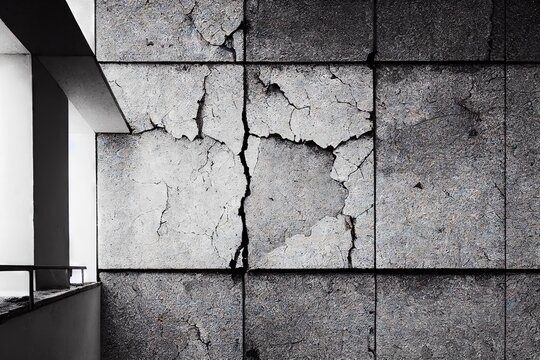 Grey damage wall made from rectangle blocks with old cracked from age. Shabby background with grunge rough abstract texture.., created with generative ai