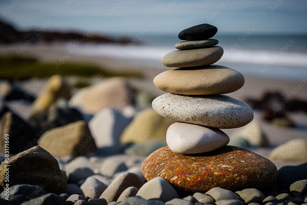 Poster smooth, seashore pebbles arranged in a pyramid generative ai